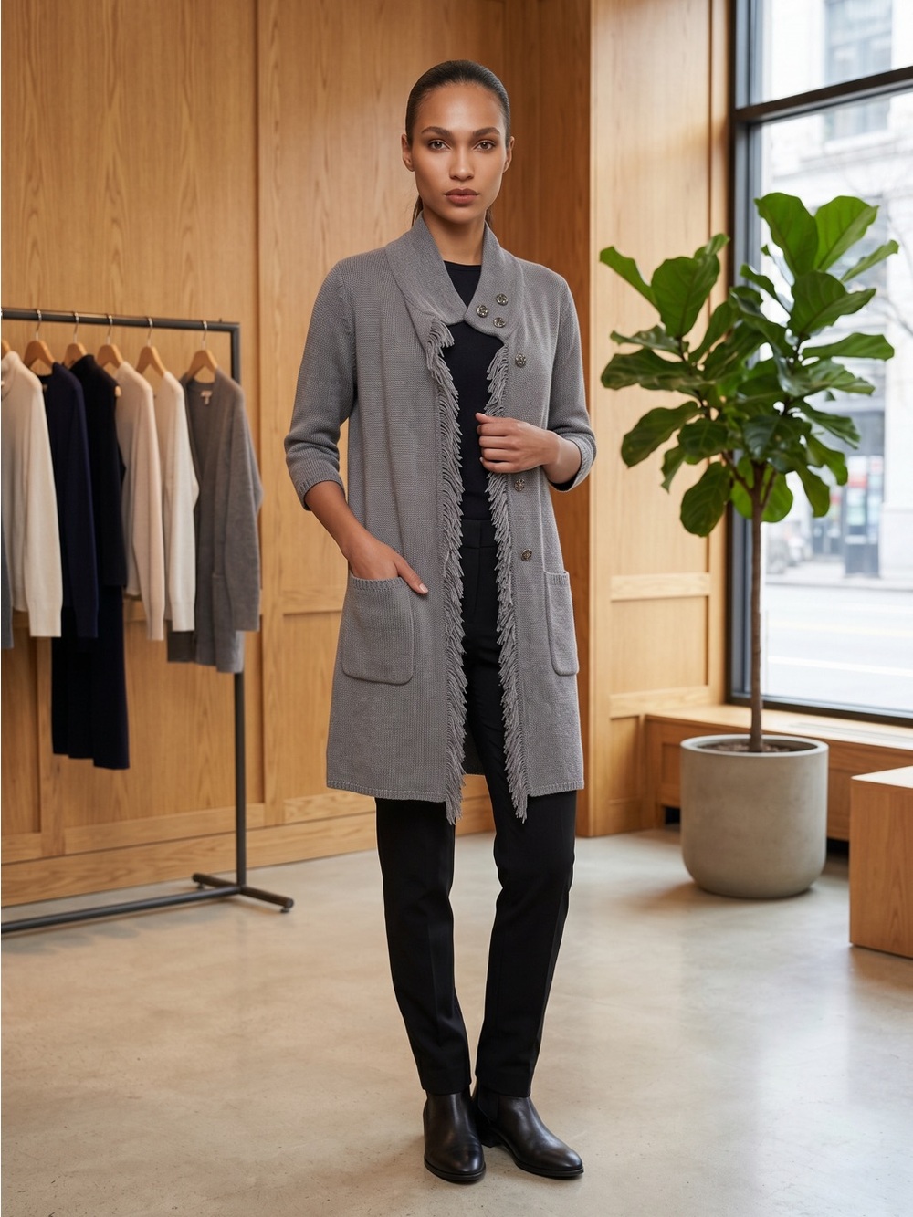 Women's Gray Fringe-Trim Knit Cartigan-